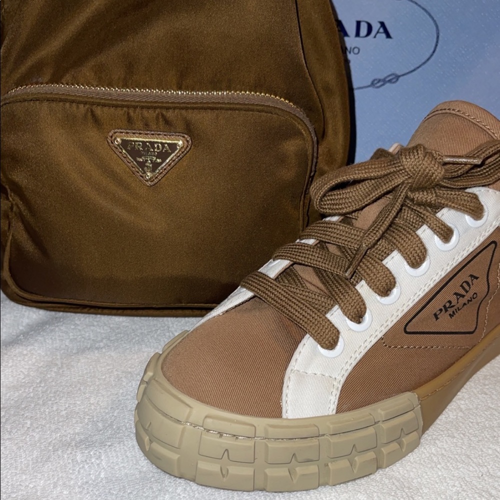 Prada logo canvas sneakers with Re- Nylon limited edition brown small bag worn1x